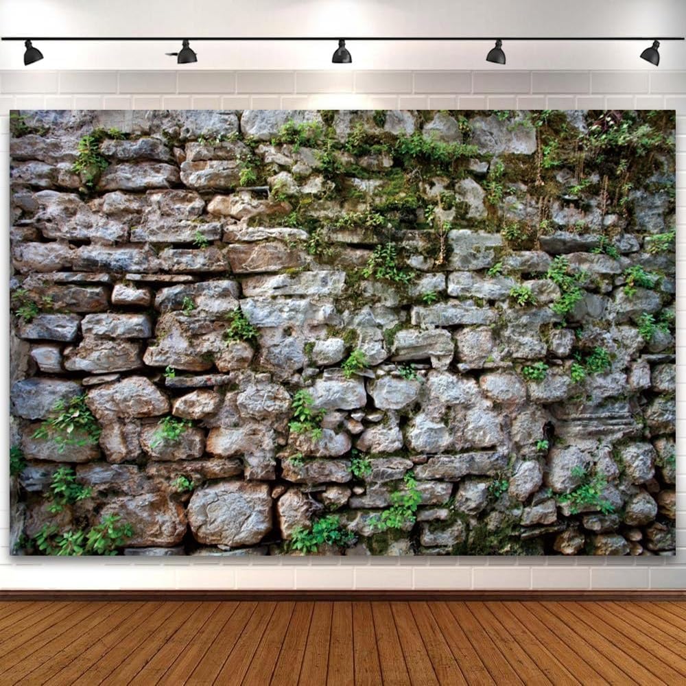 10x8ft Rustic Brick Wall Backdrop for Photography Green Moss Stone Wall Textured Background Vintage Rocky Reptile Tank Background Spring Garden Decoration for Child Adult Portrait Studio Photo Props