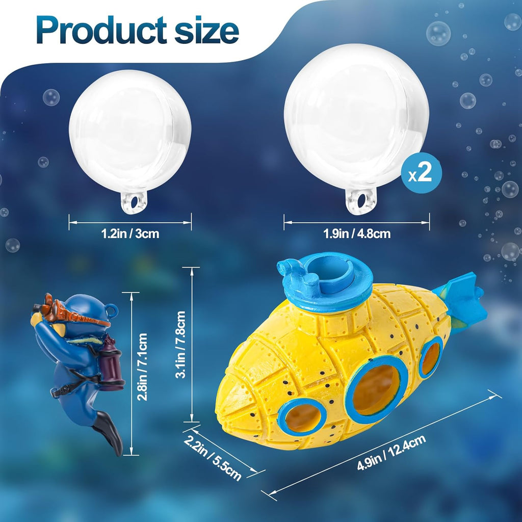 CousDUoBe New Upgrade Floating Fish Tank Decoration, Cute Retro Submarine Set and Floating Diver,Three Float Balls, Aquarium Decorations Resinous Betta Fish Tank Accessories