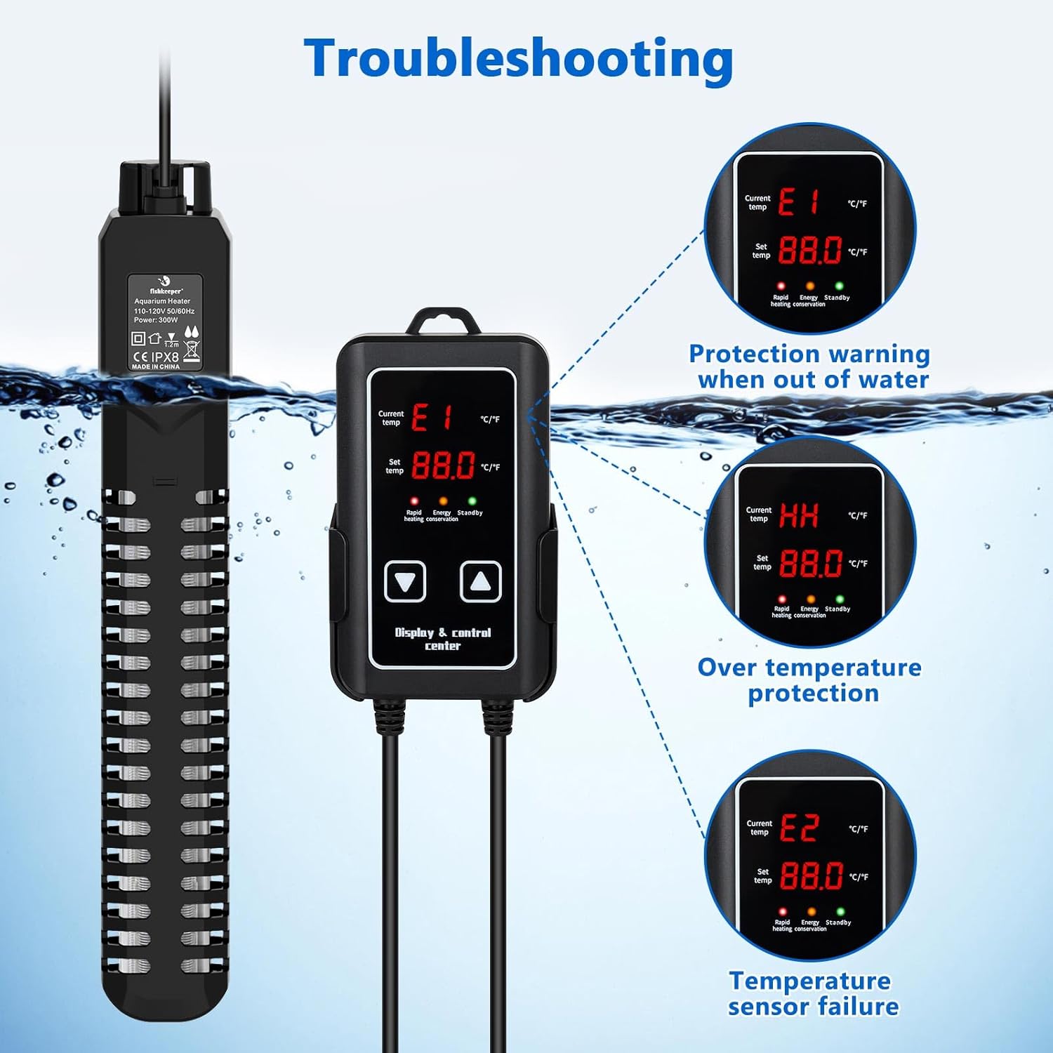 fishkeeper 300W Aquarium Heater, Submersible Fish Tank Heater with Dry-Burn Protection,LED Digital Thermostat,Accurate Temperature Protection for Freshwater and Saltwater 40-75 Gallon