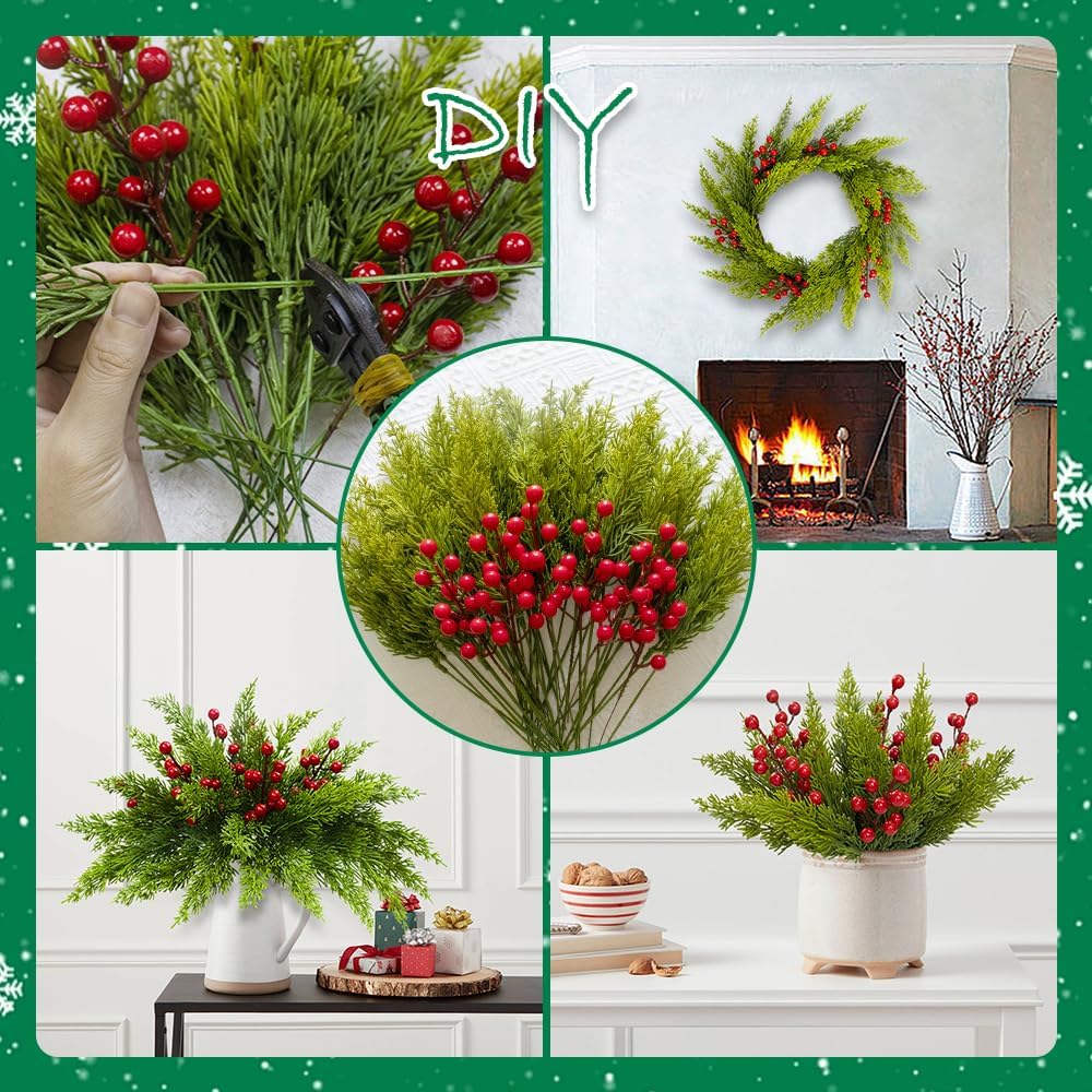 45 Pcs Christmas Artificial Pine Branches with Red Berry Stems 13" Faux Evergreen Norfolk Pine Cypress Leaves Stems Fake Foliage Pine Needles Picks for DIY Craft Garland Indoor Home Decor