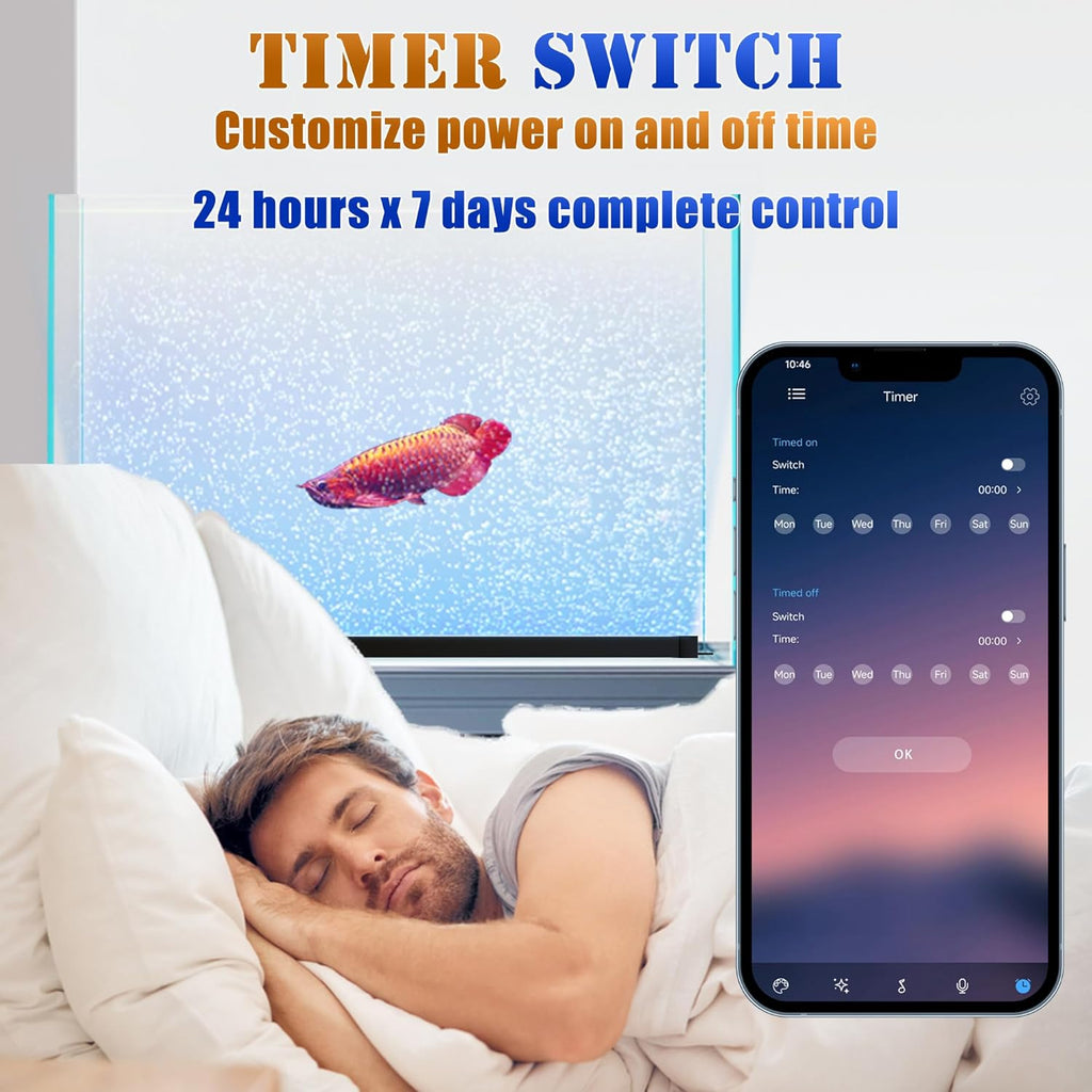 Smart App-Controlled LED Aquarium Light with 16 Million Colors, 12 Dynamic Effects, Fish Tank Light with Nano Air Bubble for Aquarium Bubbler Decorations, Submersible Fish Tank Accessories - 11.2''