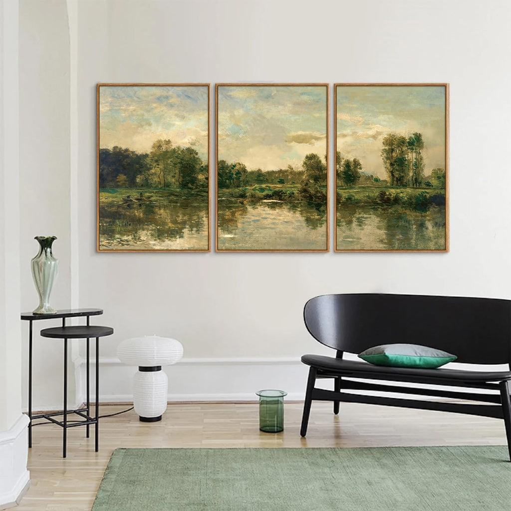Tinonedraw Vintage Nature Framed Canvas Wall Art Set of 3, French Country Wall Decor, Olive Green Trees Art Paintings, Rustic Landscape Farmhouse Art Prints for Living Room Bedroom Office 24"x36"x3