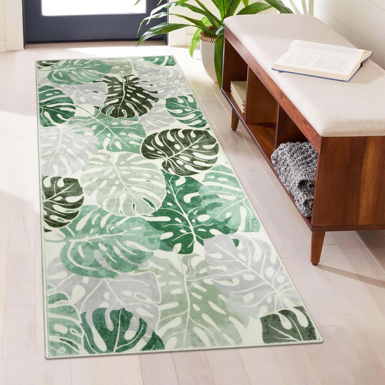 Wonnitar Monstera Leaf 2x4.3 Bathroom Runner Rug, Washable Non-Slip Bath Rug Runner, Coastal Green Soft Laundry Room Carpet, Low Pile Floor Carpet for Bedroom Entry Kitchen