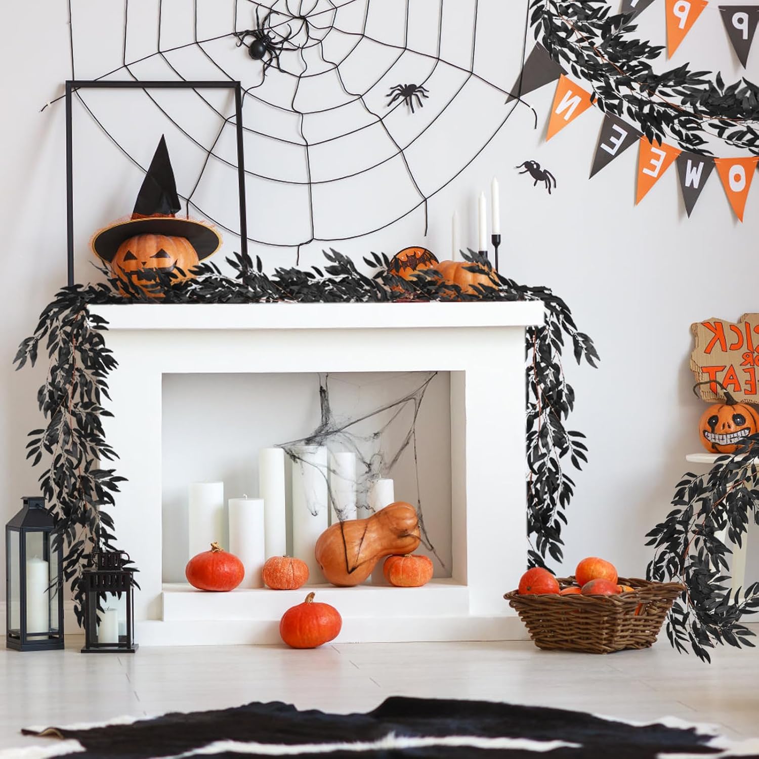 RECUTMS Artificial Hanging Willow Leaves Vine Twigs 2Pcs 5.7Ft Halloween Black Leave Garland Fake Silk Willow leaf Ivy Faux Greenery Plant for Indoor Outdoor Jungle Birthday Fall Christmas Party Decor