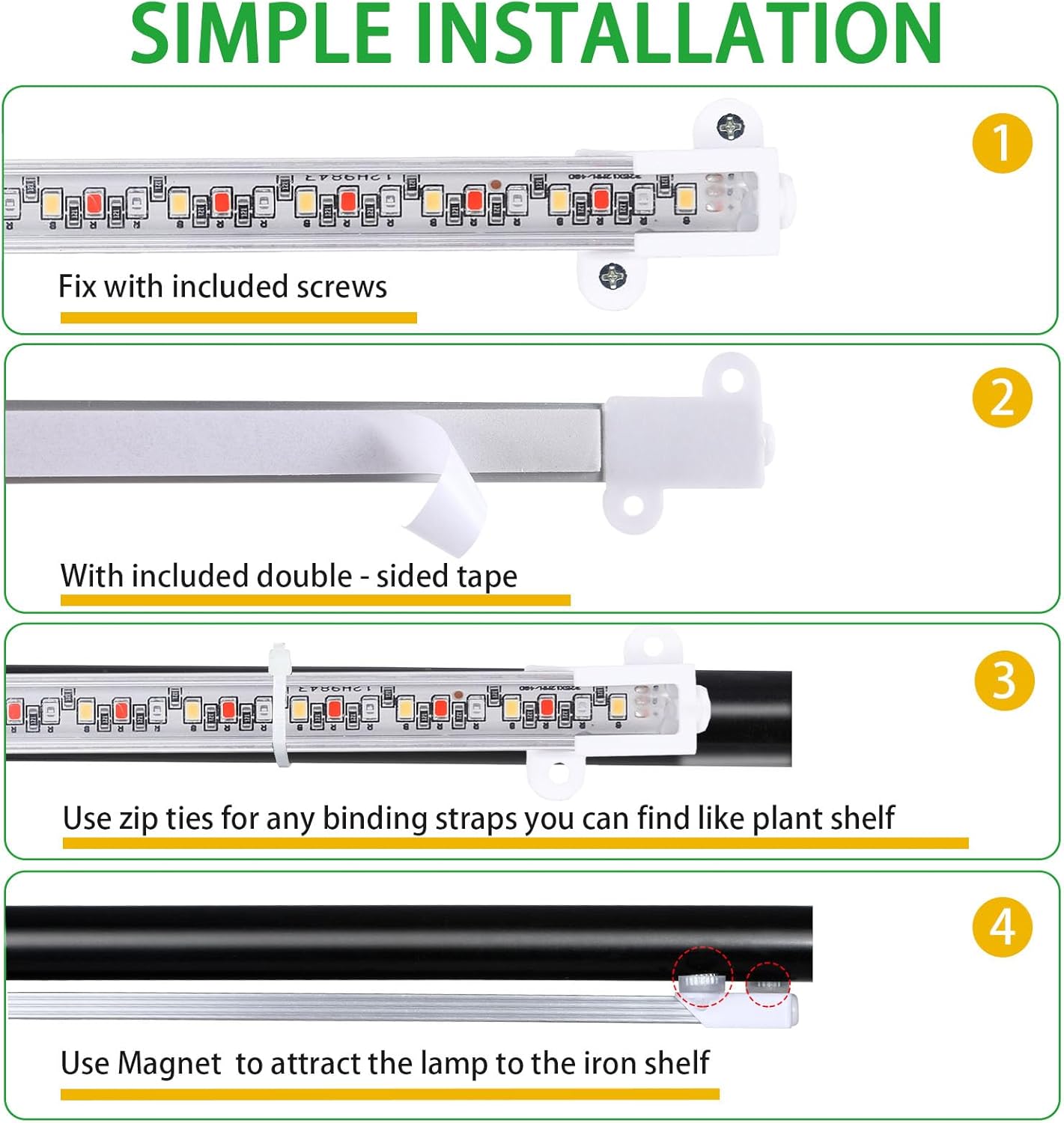 Four Strip Growing Lamp for Indoor Plants, Red & Blue & Yellow Full Spectrum LED Grow Light Strips with Auto ON/Off 3/9/12H Timer,10 Dimmable Levels for Green House Succulent (13 in)