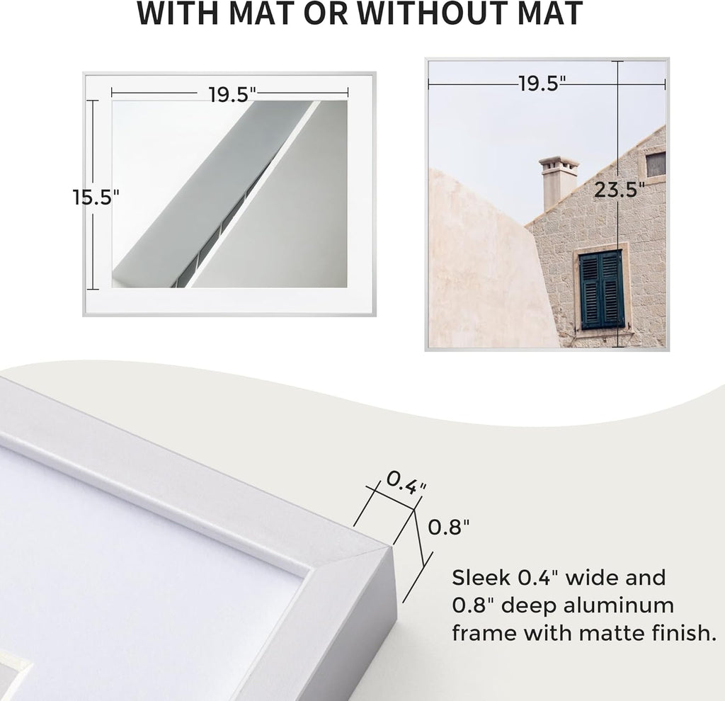 20x24 Metal Picture Frame with 16x20 Mat, Brushed Aluminum Finish, Tempered Glass Front, and Attached Hanging Hardware - Versatile Wall Display Frames for Vertical or Horizontal Orientation(Silver,