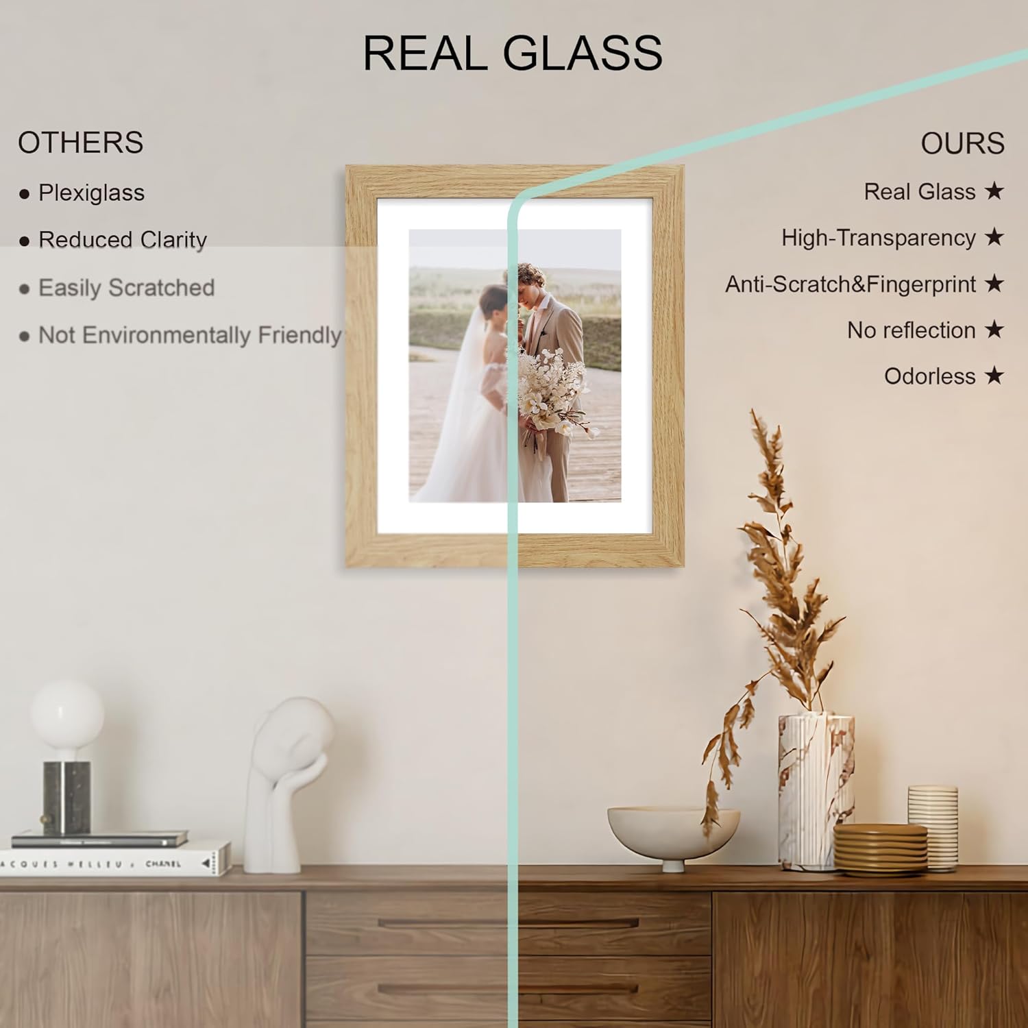 9x11 Picture Frame Set of 4, Made of Real Glass and Natural Oak Frame - Display Picture 7x9 with Mat or 9x11 Without Mat, 9 by 11 Photo for Wall or Tabletop