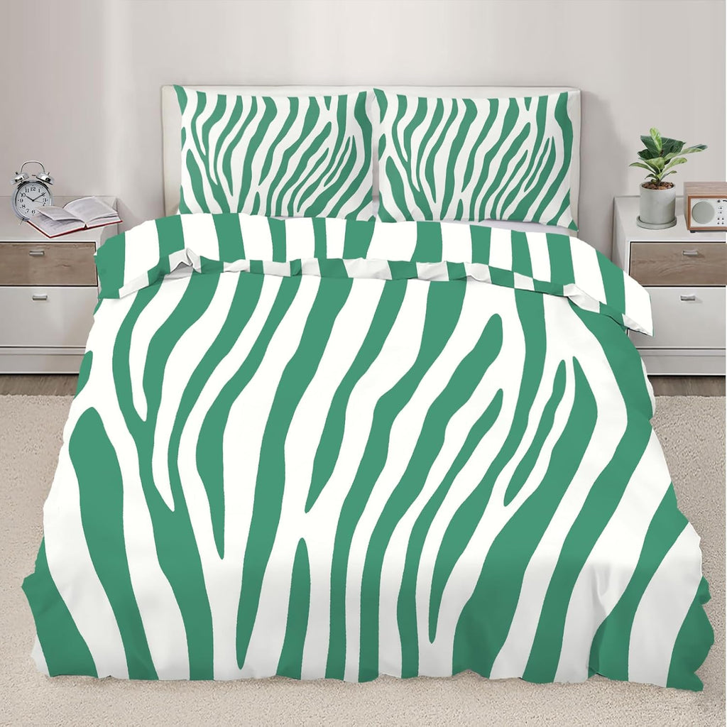 Mint Green Zebra Duvet Cover Twin Size, Waterproof Lines Bedding Set 2 Piece Kids and Adults Zebra Stripe Comforter Cover and 1 Pillow Sham with Zipper Closure