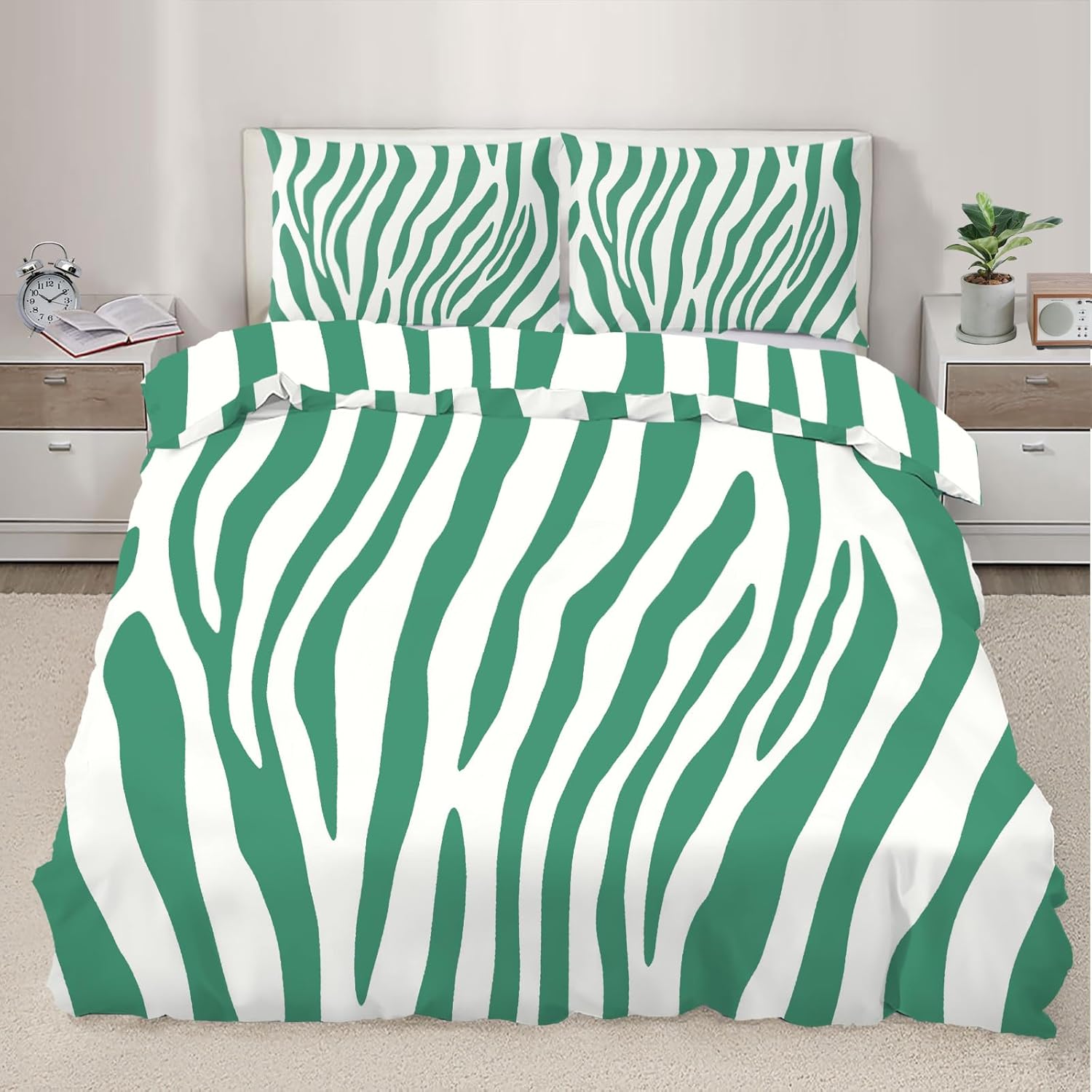 Mint Green Zebra Duvet Cover Twin Size, Waterproof Lines Bedding Set 2 Piece Kids and Adults Zebra Stripe Comforter Cover and 1 Pillow Sham with Zipper Closure