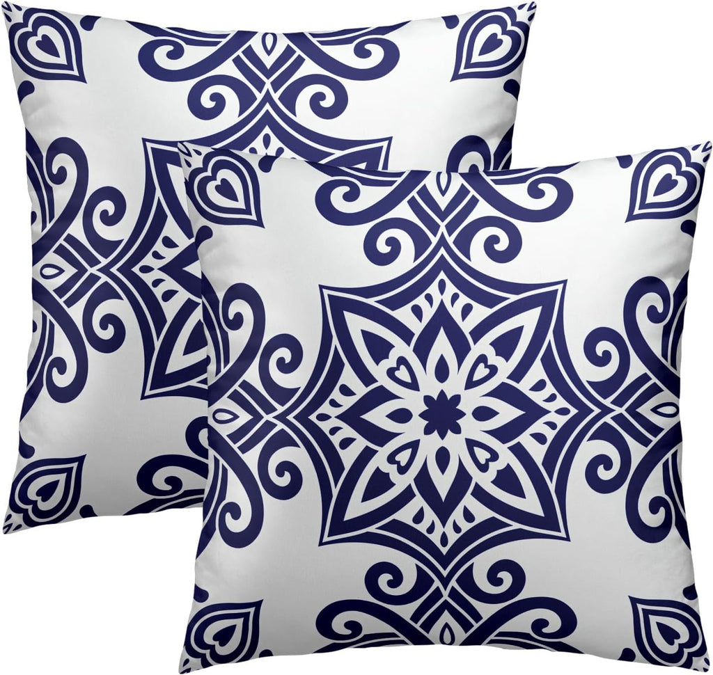 Navy Blue Symmetrical Floral Throw Pillowcases Set of 2 All-Season Soft Pillow Covers with Hidden Zipper,Durable for Sofa Bed Car Decor & Gift 18x18Inch