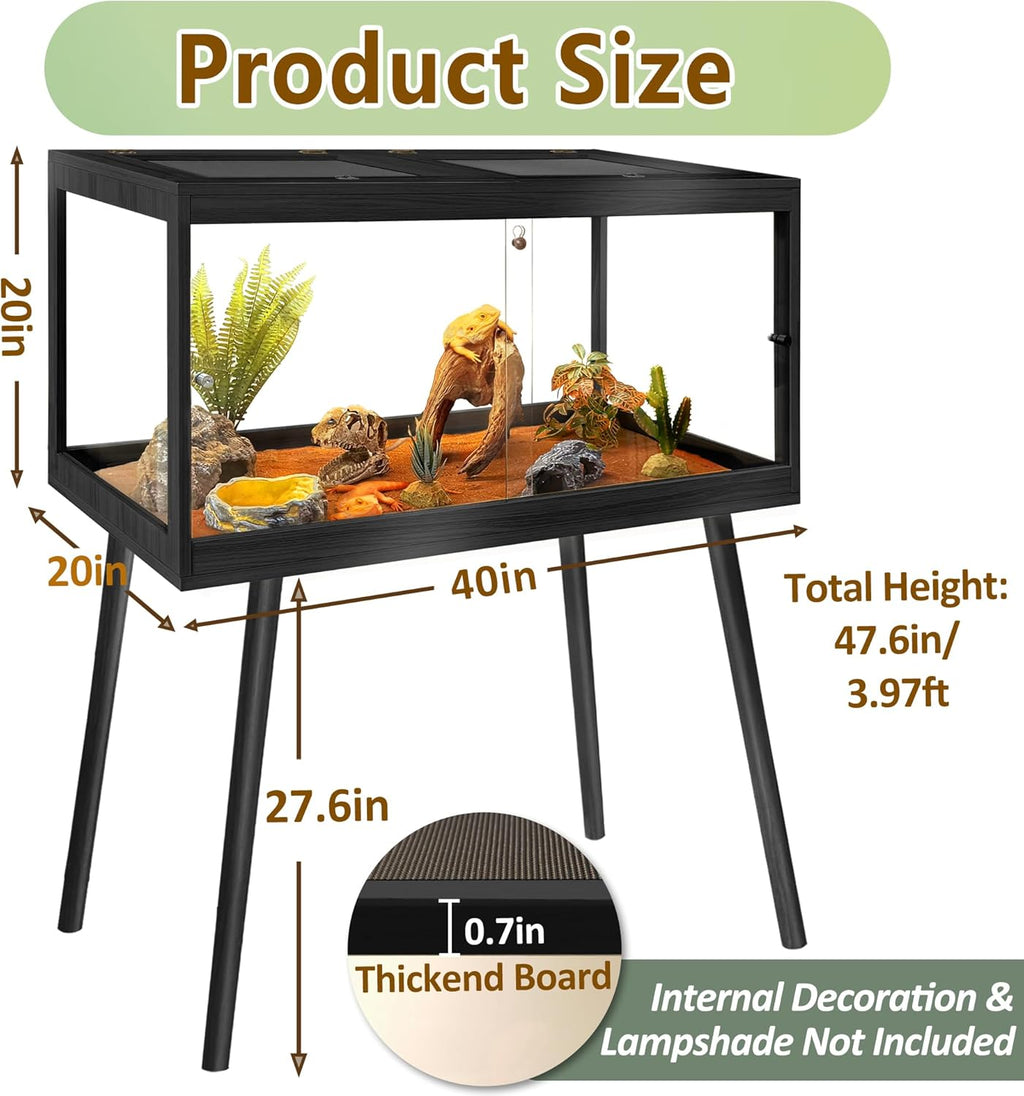 Prolee Tempered Glass Reptile Enclosure with Leg,40“ Scratch-Proof Bearded Dragon Tank,62 Gallon Lizard Tank with Metal Mesh Tops and Lockable Door,Spacious Reptile Habitat for Snake,Lizard (Black)