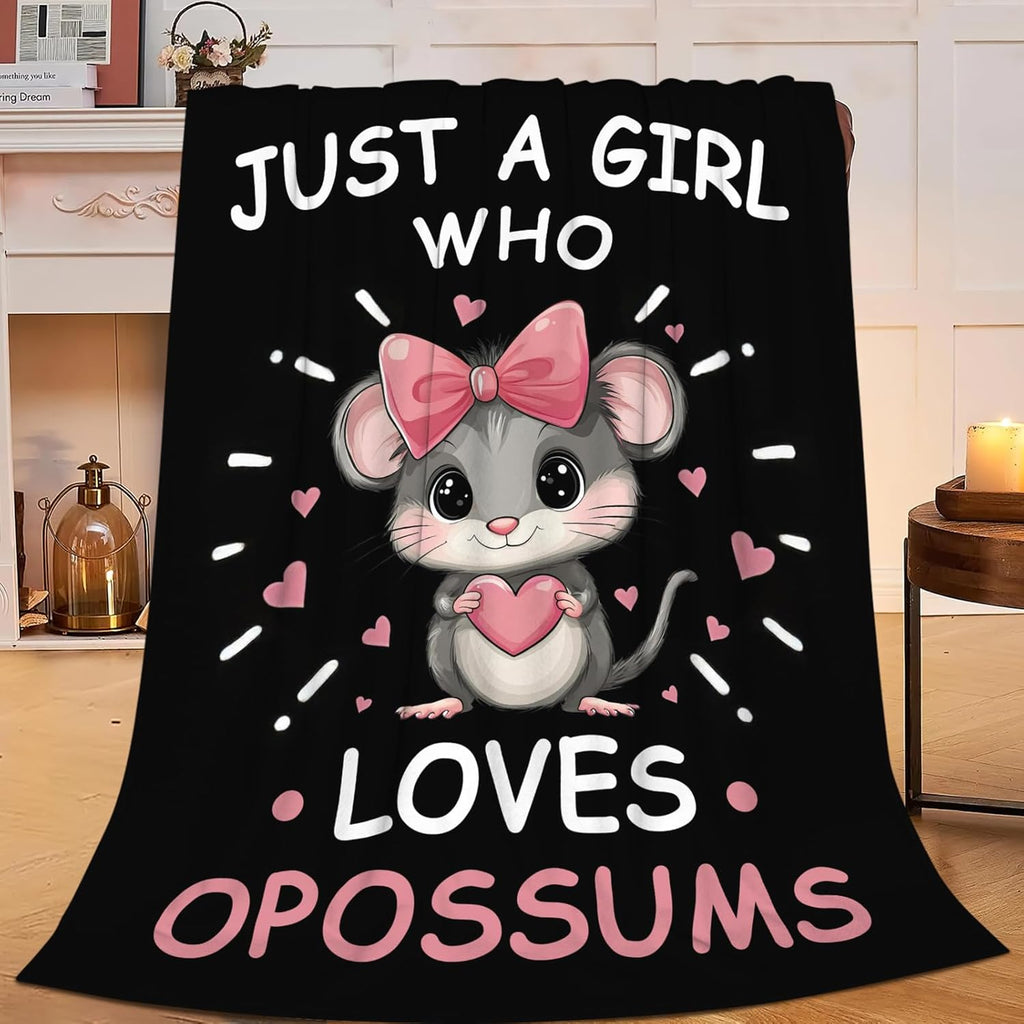 Just A Girl Who Loves Opossums Throw Blanket Possums Print Throw Blankets Gifts for Couch Sofa Bed Stuff Decor Soft Cozy Fleece Plush Warm Flannel Bedding for Lover 60"x80"