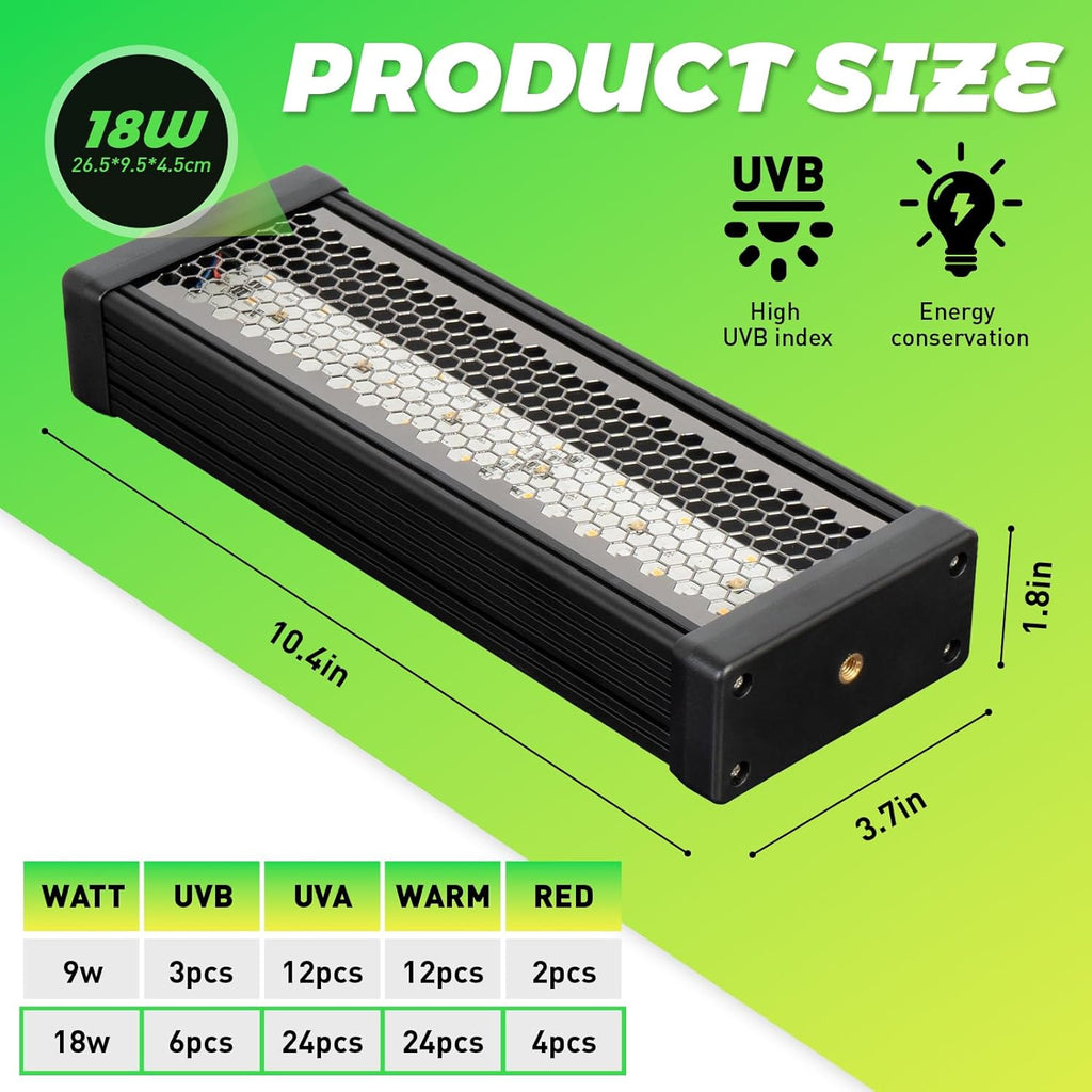 Reptile UVB Light & Heater Lamp, 18W UVA/UVB LED Reptile Light for Bearded Dragons, Chameleons, Turtles, Lizards, Geckos, Snakes, Adjustable Timer, Dimmable with 3 Lighting Modes