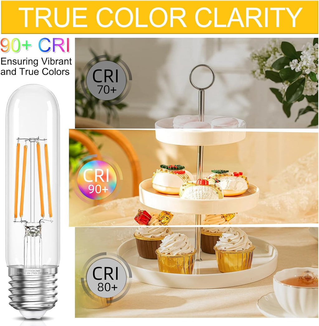 Tubular Light Bulb,T10 E26 LED Bulb Dimmable 2700K Warm White, 6W, 60 watt Equivalent, e26 Edison Bulbs for Chandeliers, Ceiling Fan, 90+CRI 600LM, 6 Pack