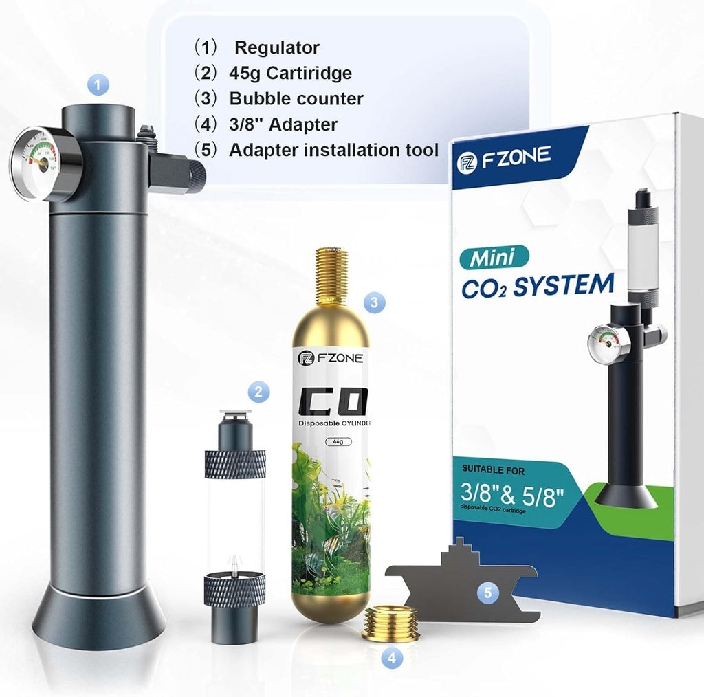 FZONE Desktop Aquarium CO2 System, CO2 Regulator with 45g Disposable CO2 Cartridge, Compatible with 5/8" and 3/8" Threaded Interfaces, Perfect for Nano Aquariums