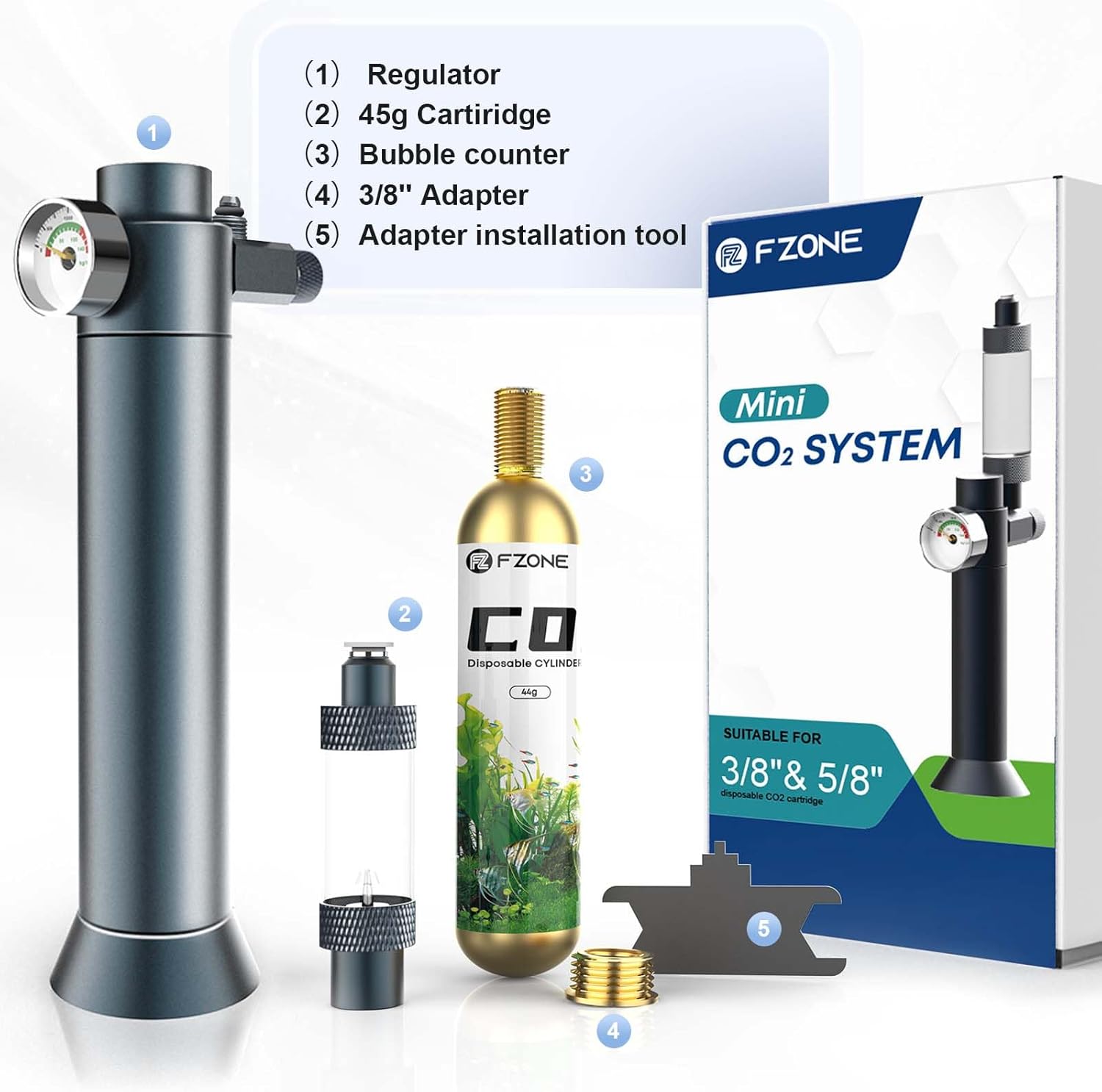 FZONE Desktop Aquarium CO2 System, CO2 Regulator with 45g Disposable CO2 Cartridge, Compatible with 5/8" and 3/8" Threaded Interfaces, Perfect for Nano Aquariums