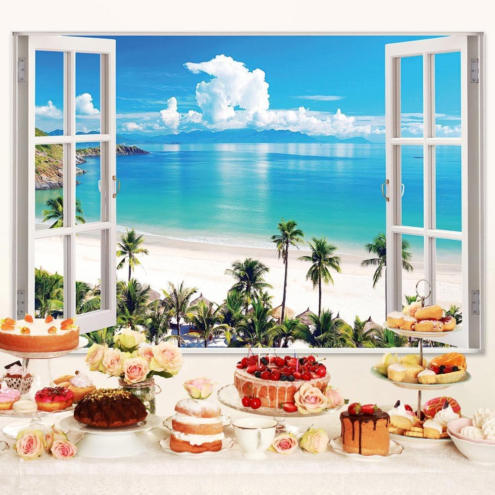 Summer Beach Window Backdrop, Hawaii Tropical Island Palm Leaves Ocean Photography Backdrop, Wedding Pictures Birthday Party Backdrop Photo Booth Props, 7X5FT