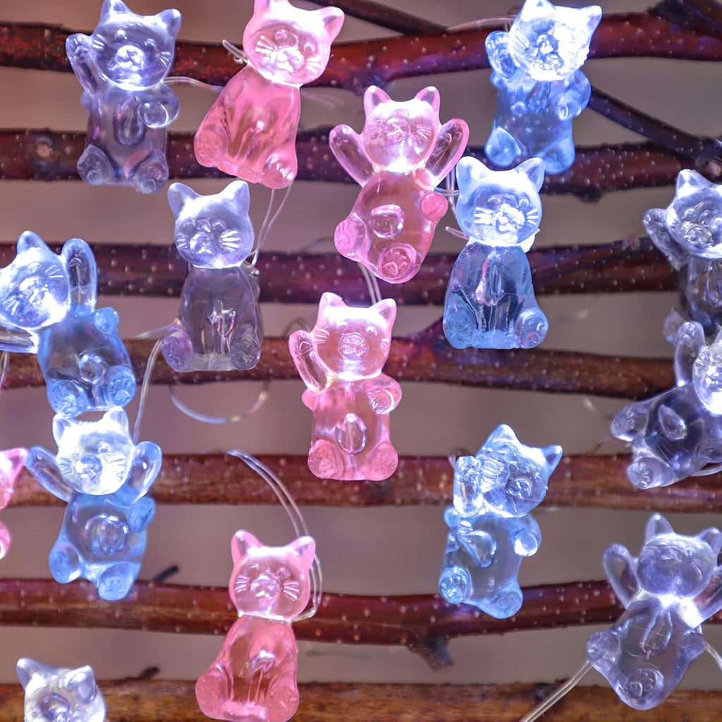 10FT 30LEDs Cat String Lights - Pink Blue Gray Cat Decor - Lovely 3D Cute Cat Design - Battery & USB Powered - Remote Control - Perfect for Pet Lovers Birthday Gift - Ideal Fairy Lights for Indoor