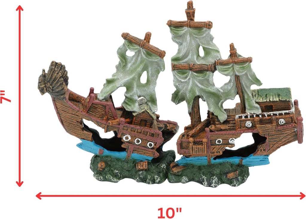 UNEAK - Small Pirate Shipwreck Aquarium Decorations Ornament w/Sail (2 Pieces) 5 Gallons and Larger Fish Tank, Sunken Ship Decoration Ornaments, Decorative Resin Boat for Freshwater Saltwater Decor