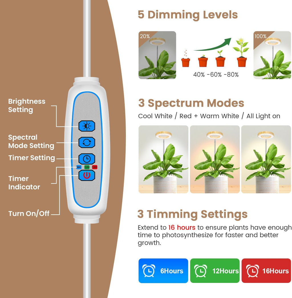Kullinss Grow Light, 48 LEDs Full Spectrum Plant Lights for Indoor Growing, Wood Grain Small Grow Light with 6/12/16H Timer, 3 Color Modes, 5 Brightness, Height Adjustable Grow Lamp for Small Plants