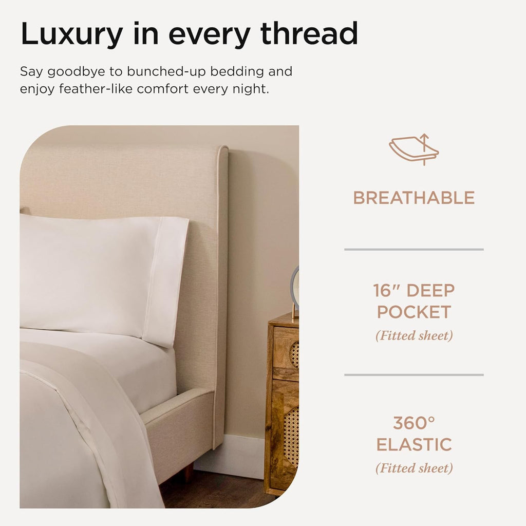 Threadmill 100% Cotton Sheets for Cal King Size Bed - 600 Thread Count Cal King Bed Sheets Set with 16” Deep Pocket - Sateen Weave 4-Piece Bedding Set with Cooling Effect, White