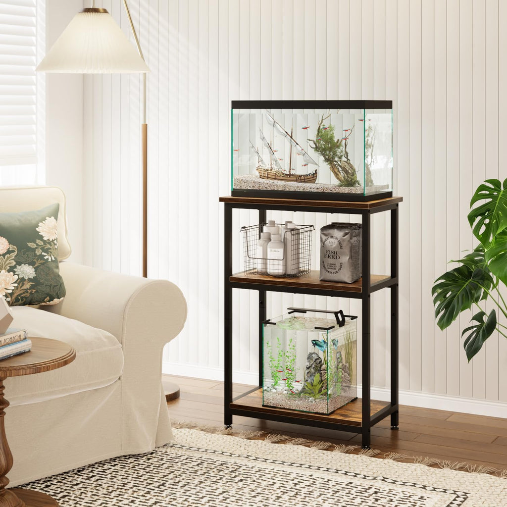 APPLOYN 5-10 Gallon Fish Tank Stand, Aquarium Stand with 3-Tier Storage Shelf, Heavy Duty Metal Frame for Turtle Reptile Terrarium Tank Stand, for Living Room, 20.5" L x 11.4" W x29.2" H, Vintage Brown
