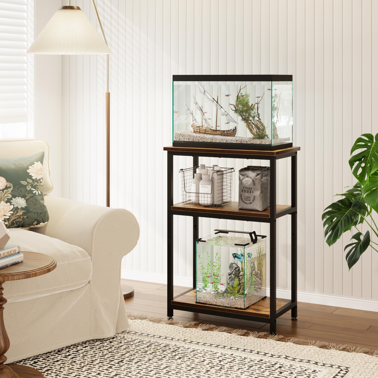 APPLOYN 5-10 Gallon Fish Tank Stand, Aquarium Stand with 3-Tier Storage Shelf, Heavy Duty Metal Frame for Turtle Reptile Terrarium Tank Stand, for Living Room, 20.5" L x 11.4" W x29.2" H, Vintage Brown