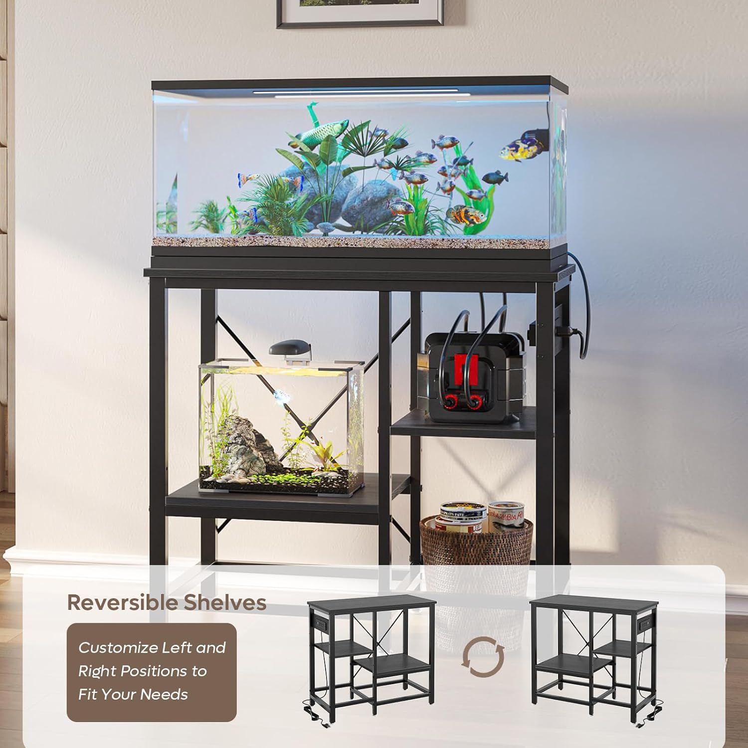 Bestier 20-29-37 Gallon Fish Tank Stand with Power Outlet, 30x13 Metal Aquarium Stand with Filter Storage, 6-Leg Reptile Tank Stand with 3-Tier Adjustable Storage Shelves, 400LBS Capacity, Black Oak