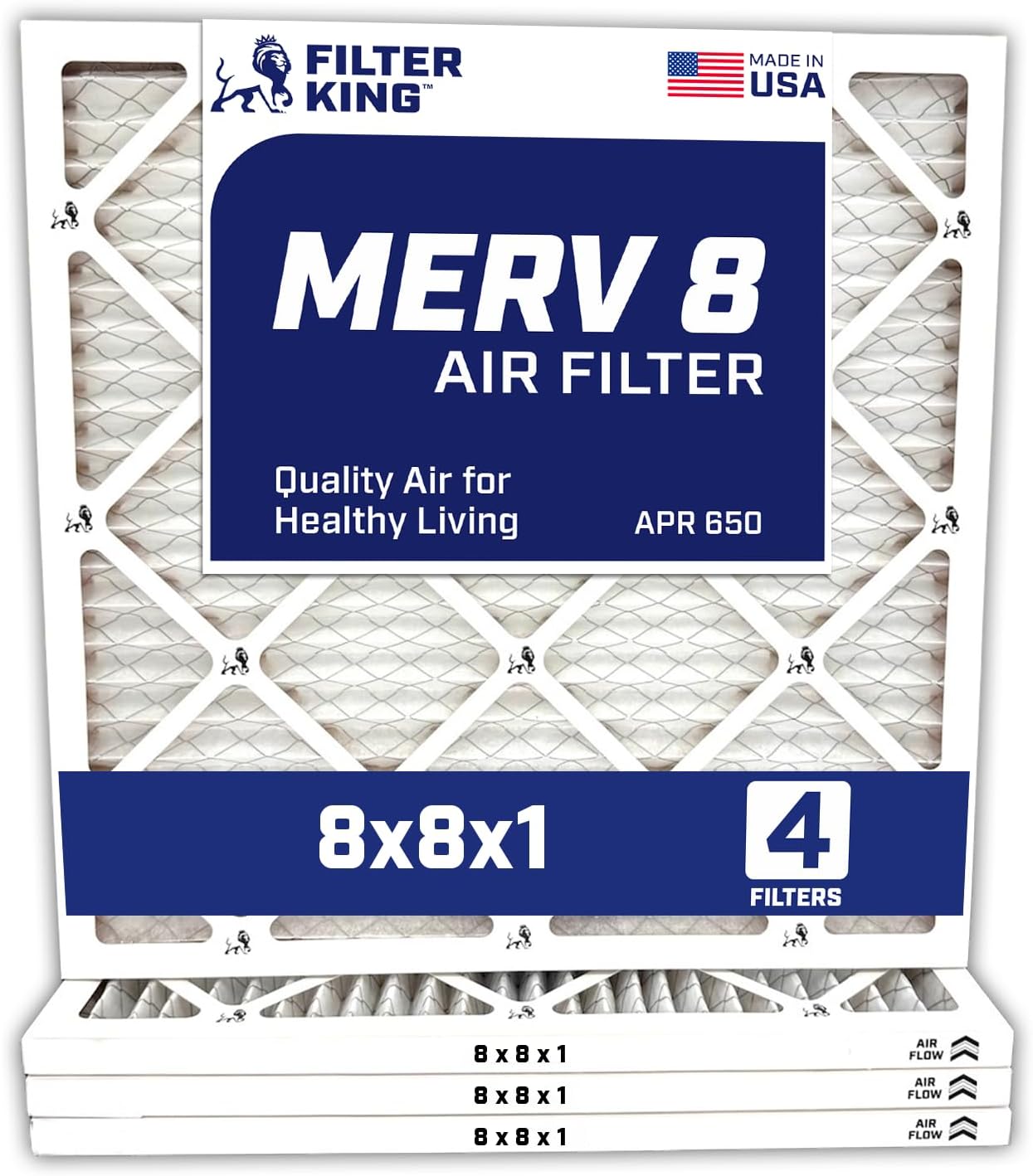 Filter King 8x8x1 Air Filter | 4-PACK | Carbon MERV 8 HVAC Pleated A/C Furnace Filters | MADE IN USA | Actual Size: 8 x 8 x .75"