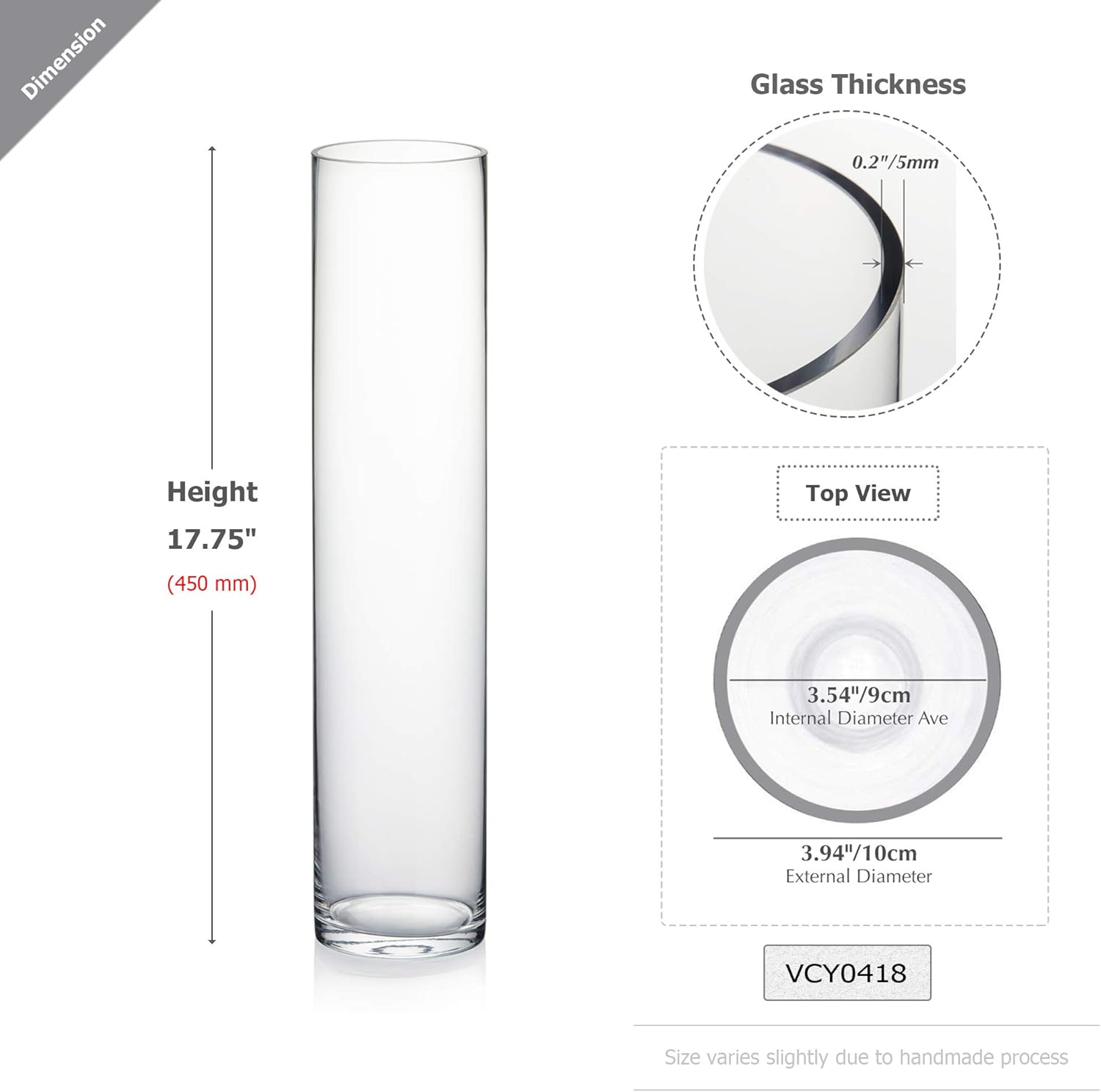 WGVI Quality Thick Weighted Tall Clear Cylinder Glass Vases, 4" W x 18" H, Flower Arrangement Floating Candle Holders Wedding Centerpieces Event Floral Container Artistic Display Home Decor, 1 Piece