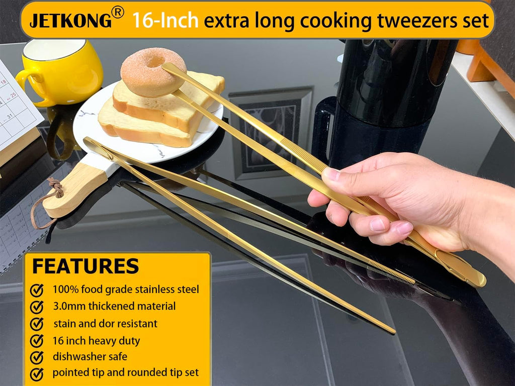 JETKONG 2 Pcs 16-Inch Heavy Duty Cooking Tweezers Extra Large Stainless Steel Food Tweezers Gaint Kitchen Tweezer Tongs (Gold)