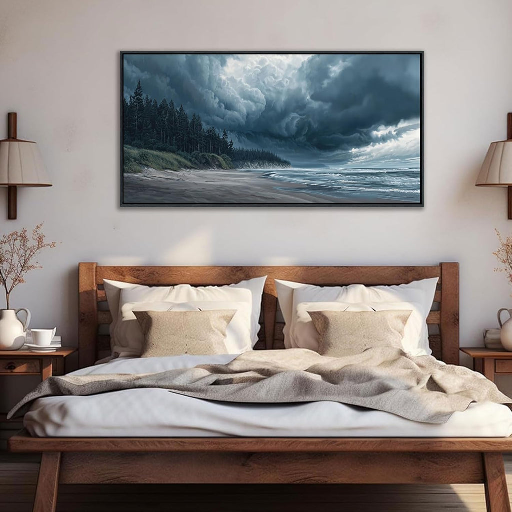 YDYSUNE Beach Wall Art Navy Blue Picture Coastal Sea Wave Wall Decor Canvas Print Pictures for Living Room Bedroom Decoration,Forest Framed Artwork Decor Size 20x40 Inches