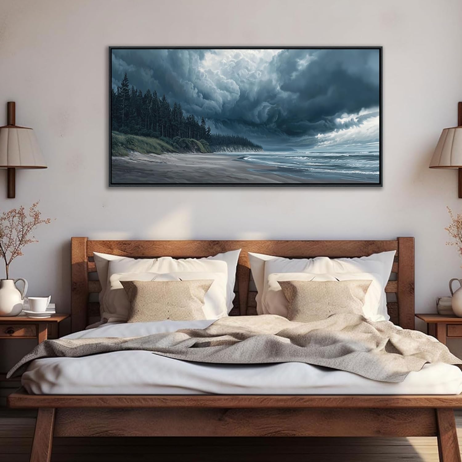 YDYSUNE Beach Wall Art Navy Blue Picture Coastal Sea Wave Wall Decor Canvas Print Pictures for Living Room Bedroom Decoration,Forest Framed Artwork Decor Size 20x40 Inches