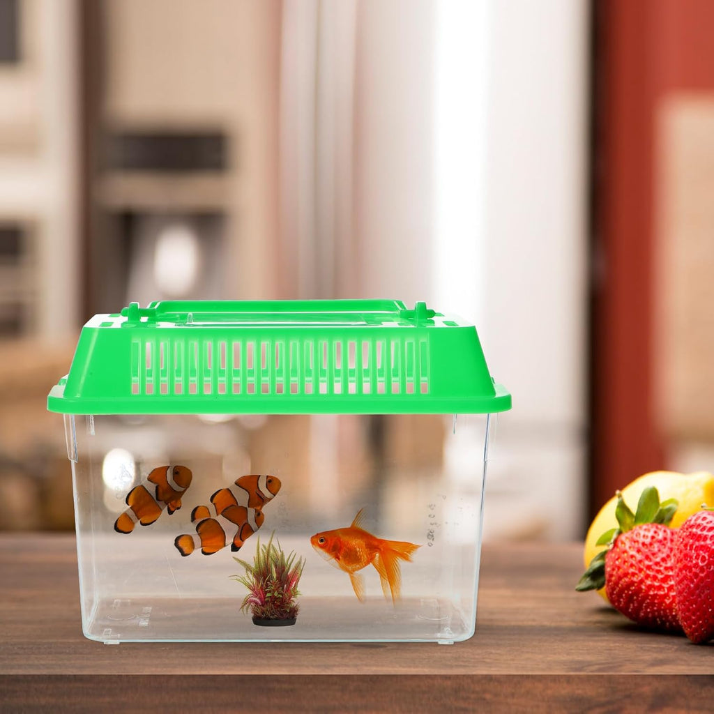 Portable Fish Tank Handheld Fish Tank,Plastic Mini Box Transparent Cutout Design, Plastic Aquarium with Handle for Turtle and Pet (Random Color Lid)