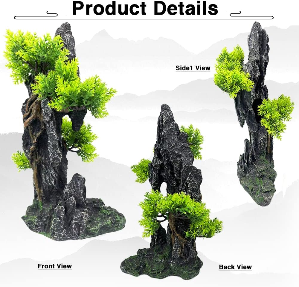 Aquarium Mountain View Stone Ornament Tree Rock Cave - Aquarium Decorations Large and Tall Fish Tank Decorations for Large Fish Tank - 13.4 Inches High