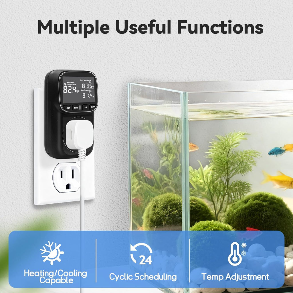 Digital Thermostat Outlet, Plug in Thermostat for Heater, Reptile & Greenhouse - 15A/1800W Temperature Controlled Plug with VA Display, Cyclic Timing/Countdown (-40°F~210°F) Black