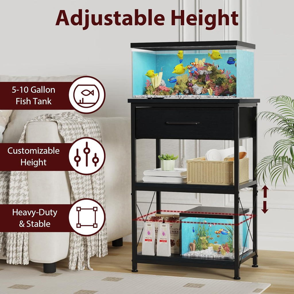TFK 5-10 Gallon Fish Tank Stand, Height Adjustable Metal Aquarium Stand with Storage Drawers for Fish Tank Accessories Storage, Perfect for Turtle Tank, Reptile Terrarium, Black