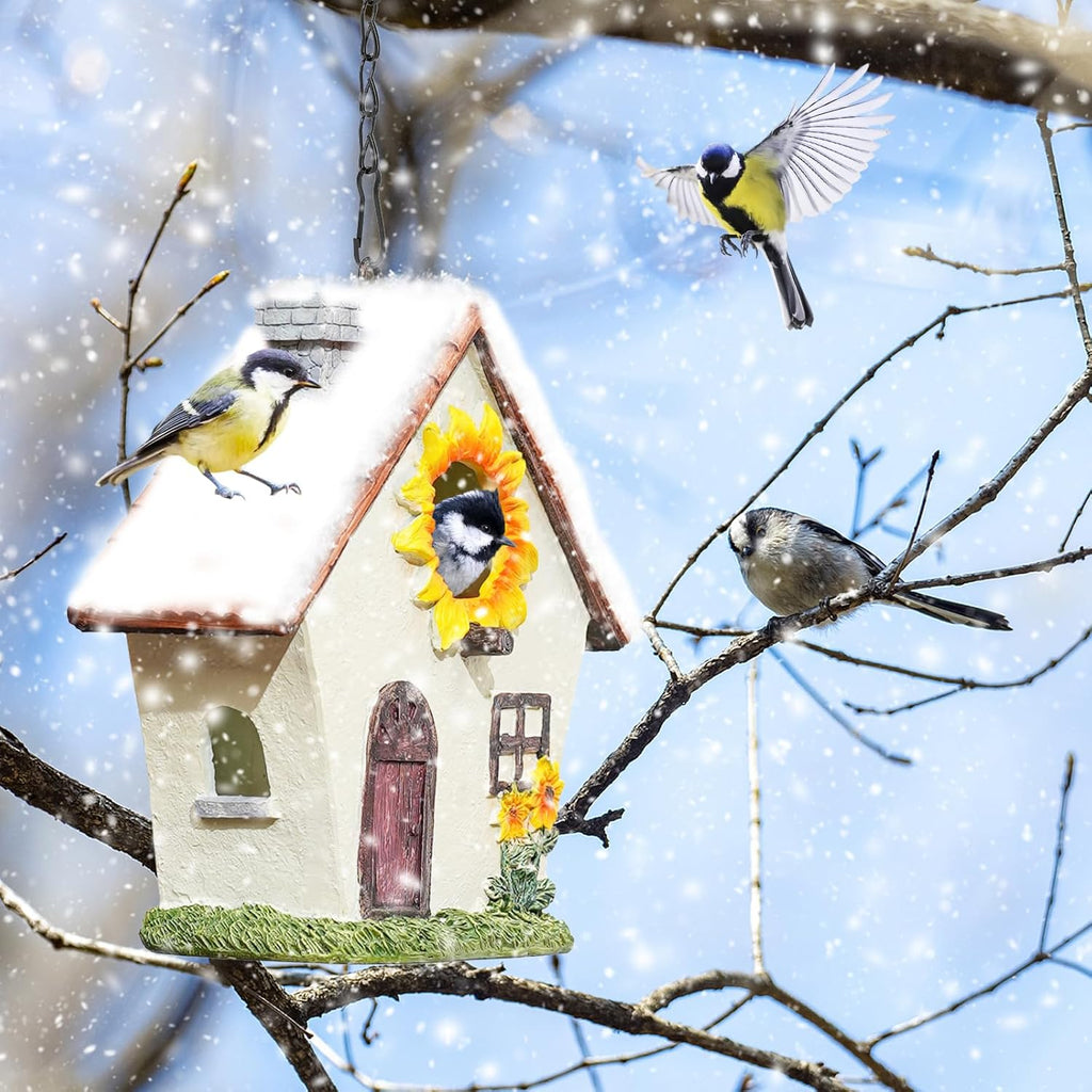 Garden Bird House for Outside, Hanging Resin Birdhouse Hummingbird House for Blue Bird Sparrow Chickadee, Sunflower Decorative Bird Box for Outdoors Country Garden Courtyard (Brown, Small)