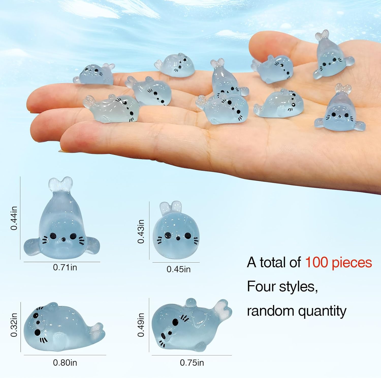 100Pcs Glow in The Dark Mini Seal Figurines Cute Luminous Resin Sea Animals 4 Styles Seal Pup DIY Tiny Ocean Creatures for Fairy Garden Aquarium Decor