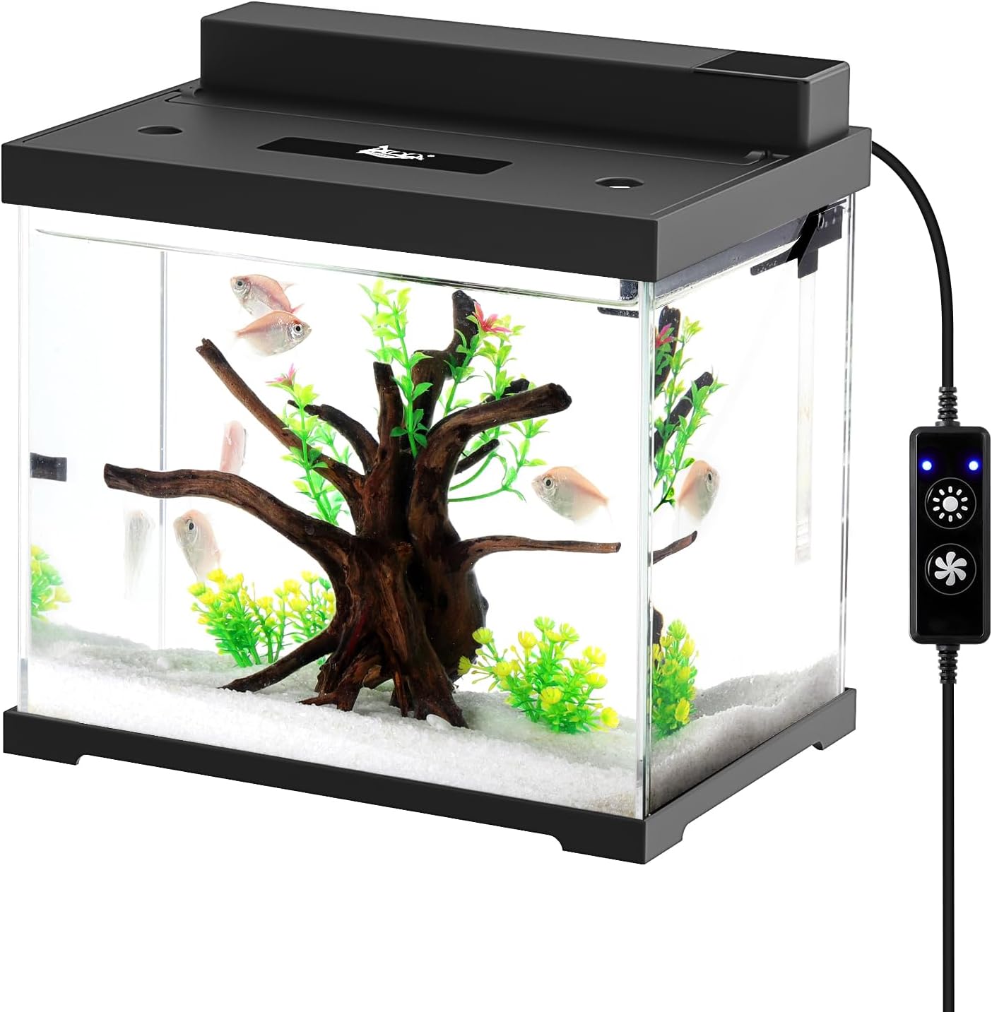 AQQA 2.4 Gallon Glass Aquarium Tank Kit with LED Lights & Quiet Filter –USB Self-Cleaning All-in-One Fish Tank, ABS Cover, 4 Light Modes, Built-in Feeding Hole – Perfect for Betta, Small Fish Black