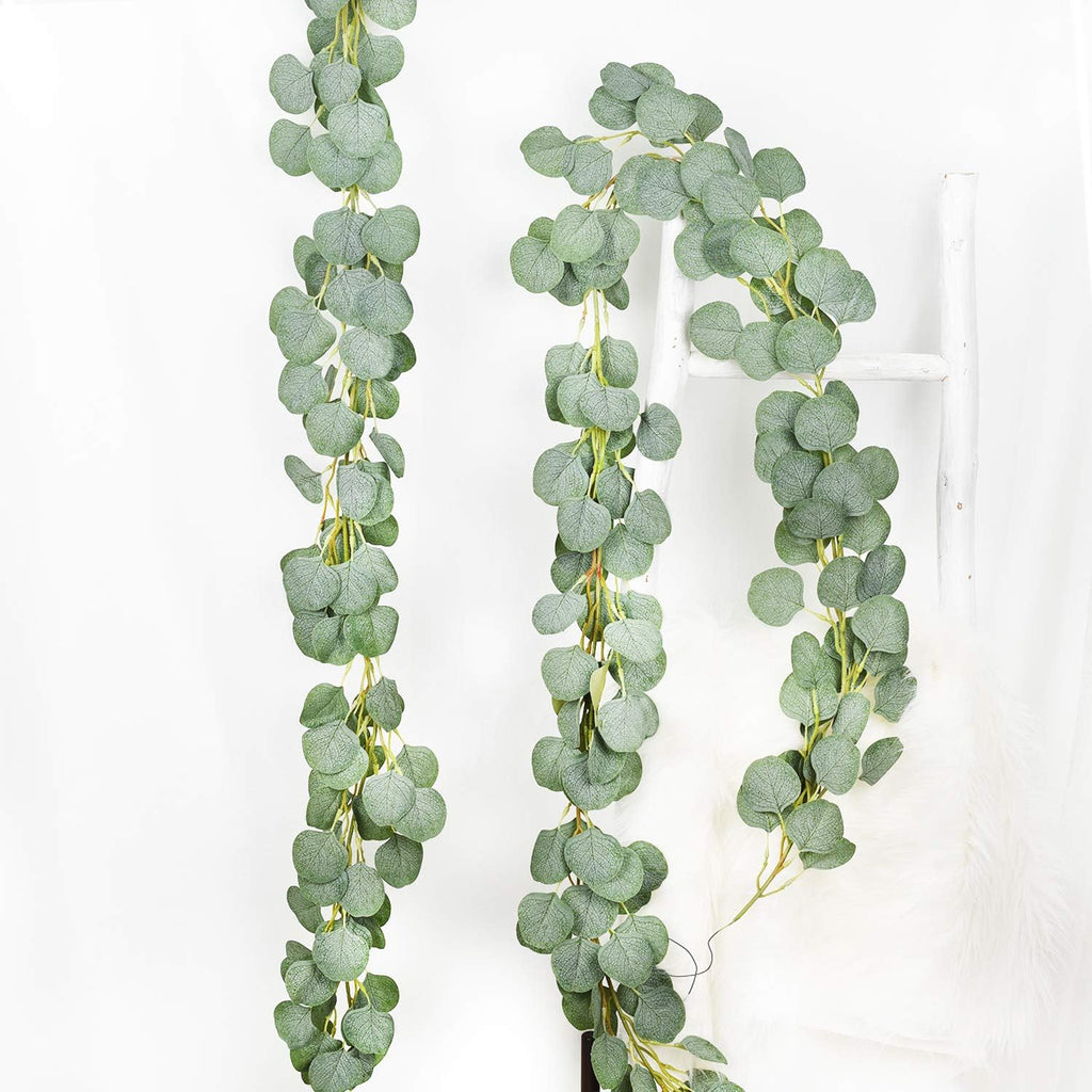 DearHouse 2pc Artificial Eucalyptus Garland Faux Silk Eucalyptus Leaves Vines Handmade Garland Greenery Wedding Backdrop Arch Table Decor, 6.1ft/pc
