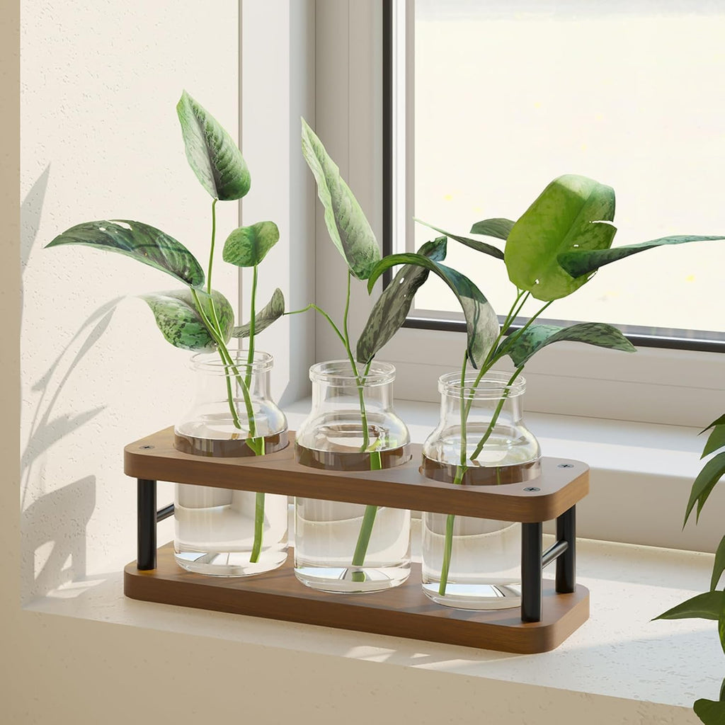 THYGIFTREE Plant Propagation Station with Wooden Stand, Propagation Vases Glass Planters for Indoor Plants Hydroponic Propagating Jars Home Office Decor, Brown