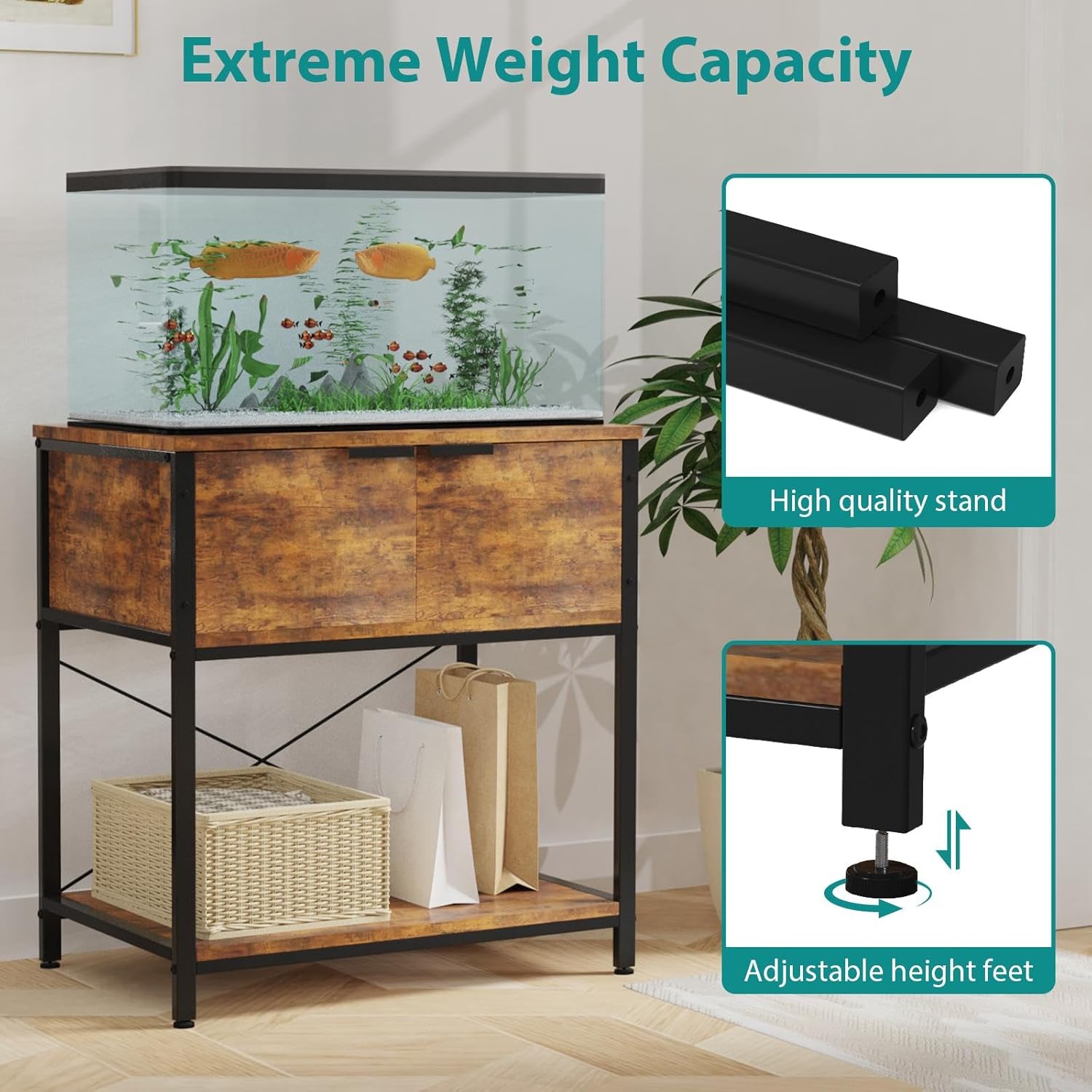 TFK 20-29-37 Gallon Fish Tank Stand, Aquarium Stand with Cabinet Storage for Aquarium Stand, Cabinet for Fish Tank Accessories Storage, Heavy Duty Tank Stand for Home Office Turtle Reptile Tank Stand