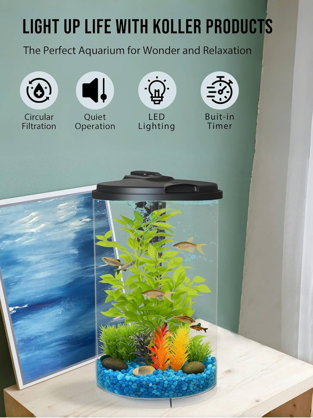 Koller Products AquaView 3-Gallon 360 Aquarium with LED Lighting (7 Color Choices) and Power Filter, 10.25 x 10.25 x 14.5