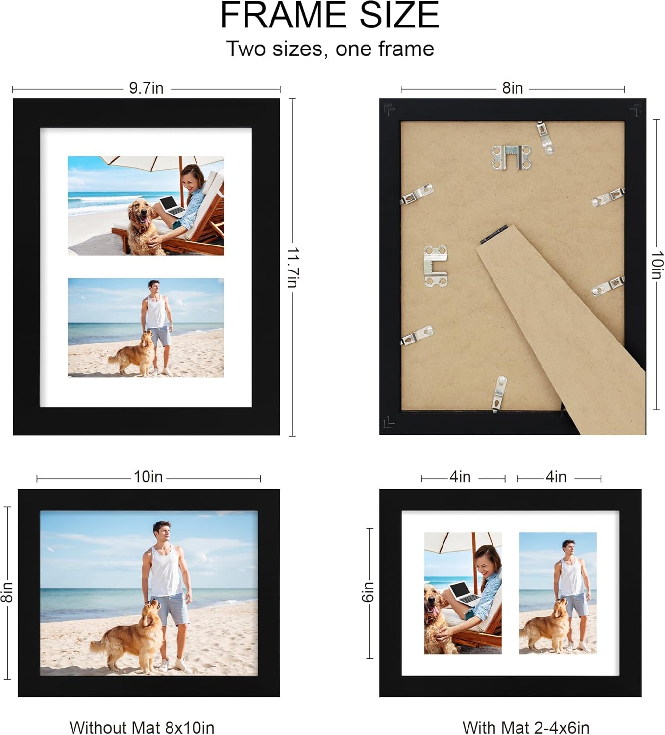 8x10 Picture Frame Set of 2, Black Wood Frame with Glass Collage Frame, Display Pictures Two 4x6 With Mat or 8 x 10 Without Mat - Horizontal or Vertical Wall Mounting