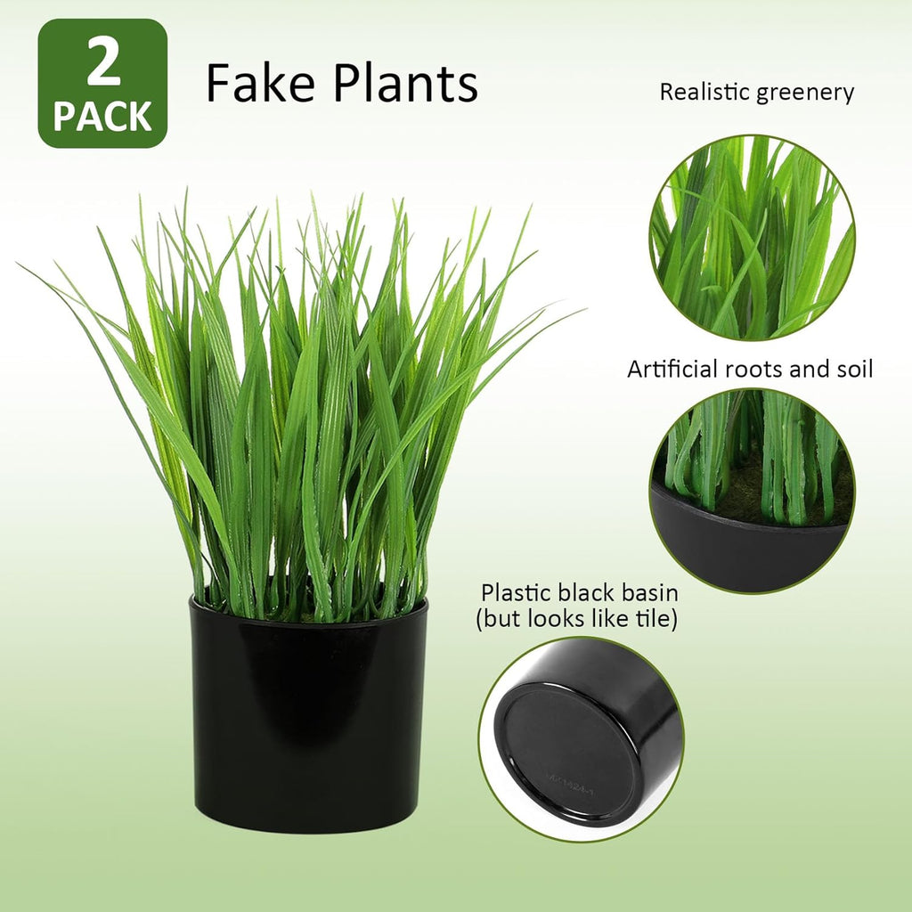 2 Pack Fake Plants Indoors Potted Wheat Grass Faxu Planta for Desk Table Shelf Decor, Artificial Greenery for Bathroom Office Kitchen Living Room Home Decoration