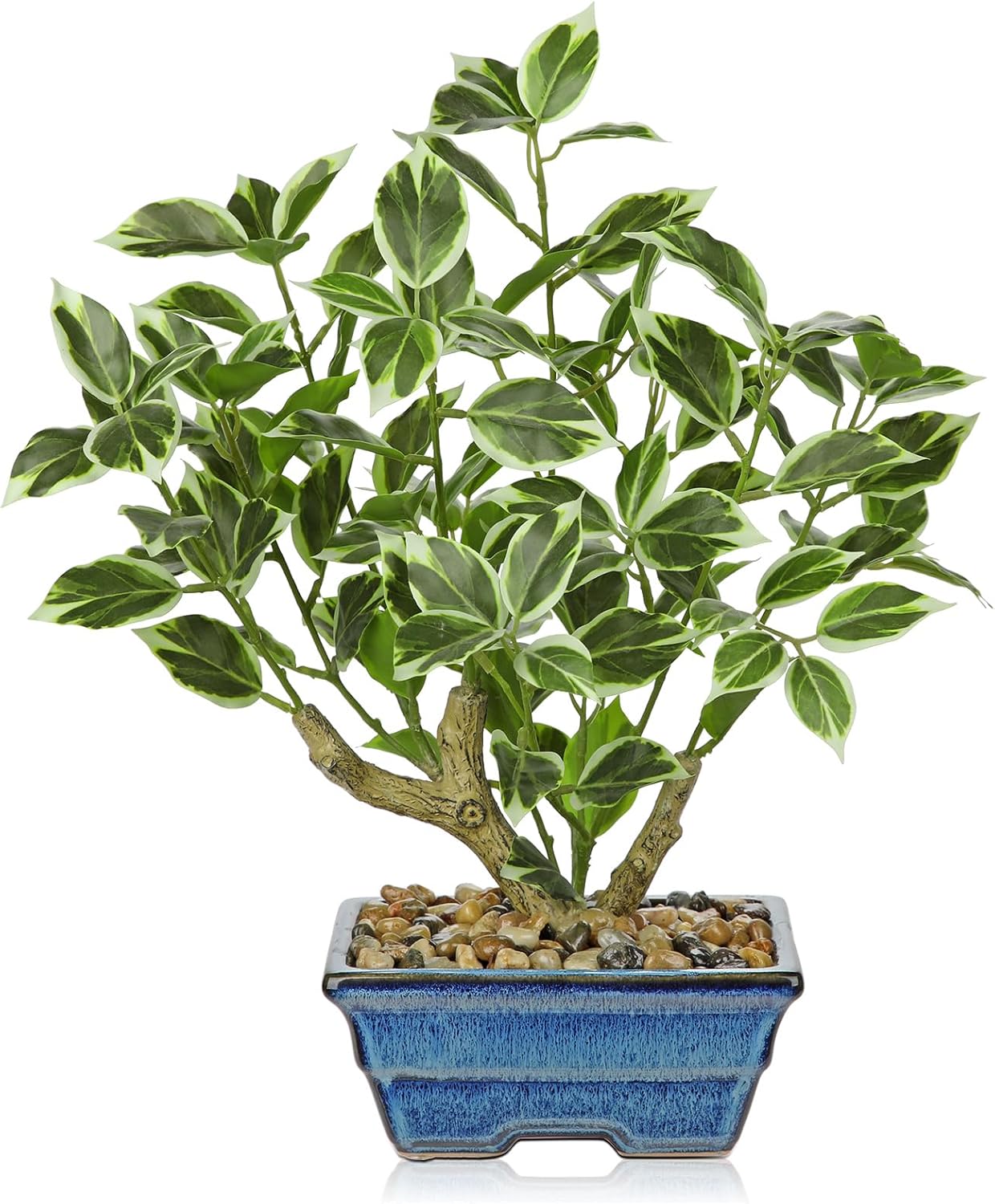 Fake Plants Small Artificial Plants Indoor 15.3" Fake Potted Plants Realistic Faux House Topiary Plants with Blue Ceramic Pot for Home Office Bathroom Kitchen Farmhouse Table Centerpieces Shelf Decor