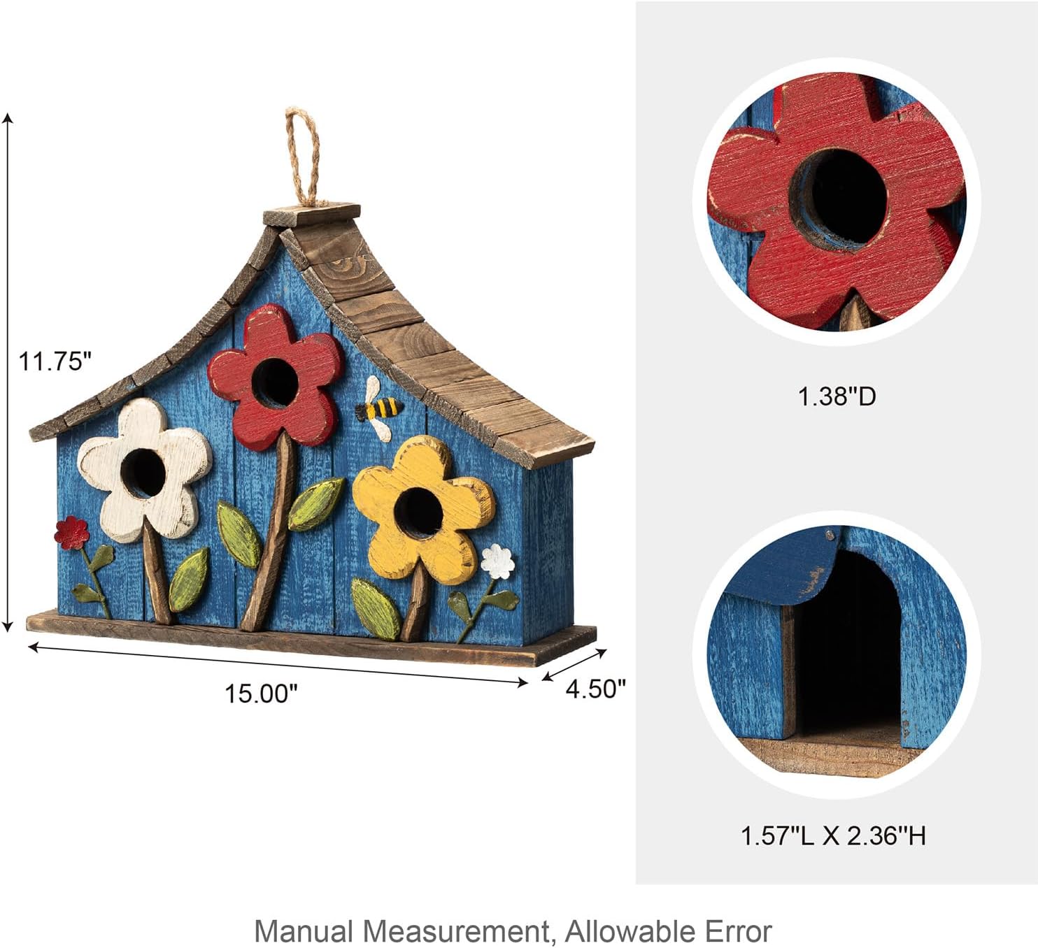 Glitzhome 15" L Rustic Oversized Distressed Solid Wood Hanging Garden Birdhouse with 3D Flowers Three-Story Villa Decorative Hand-Painted Bird Houses for Outside,Washed Blue