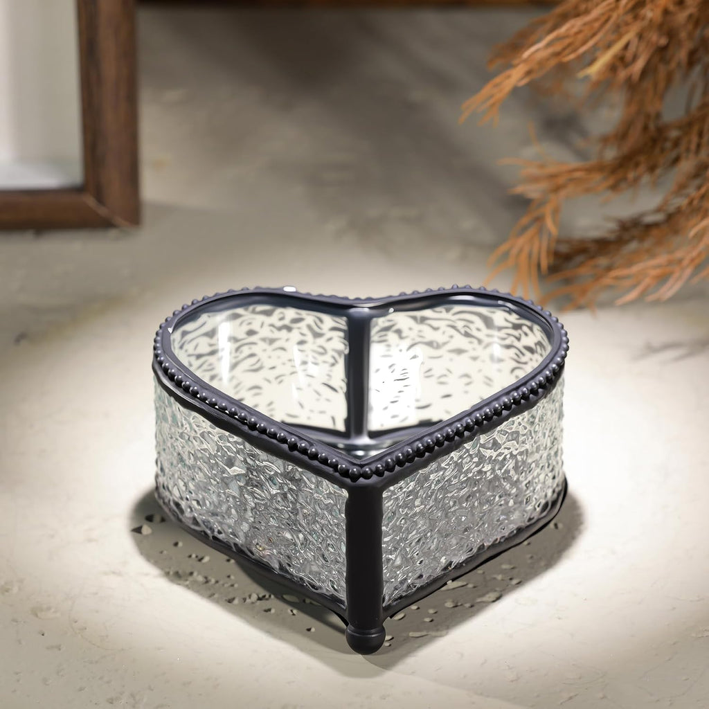 Glass Vintage Jewelry Box Keepsake storage Trinket Ring Display Box Home Decor Embossed Clear Glass Box Organizer(4×3.6×2.1Inches)