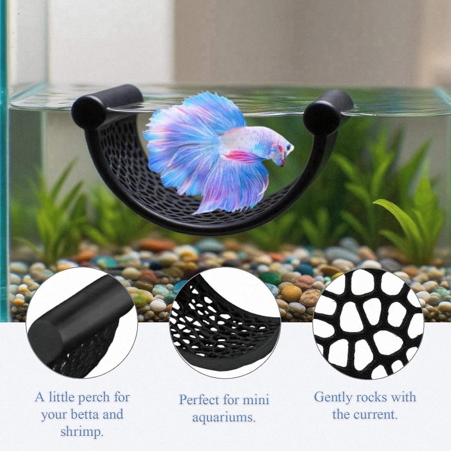Black Floating Betta Fish Hammock – Minimalist Rest Platform & Floating Bed – Betta Tank Accessories for Small Aquariums, Nano Tanks, Shrimp & Corydoras – Sleek Matte Black Perch Ledge